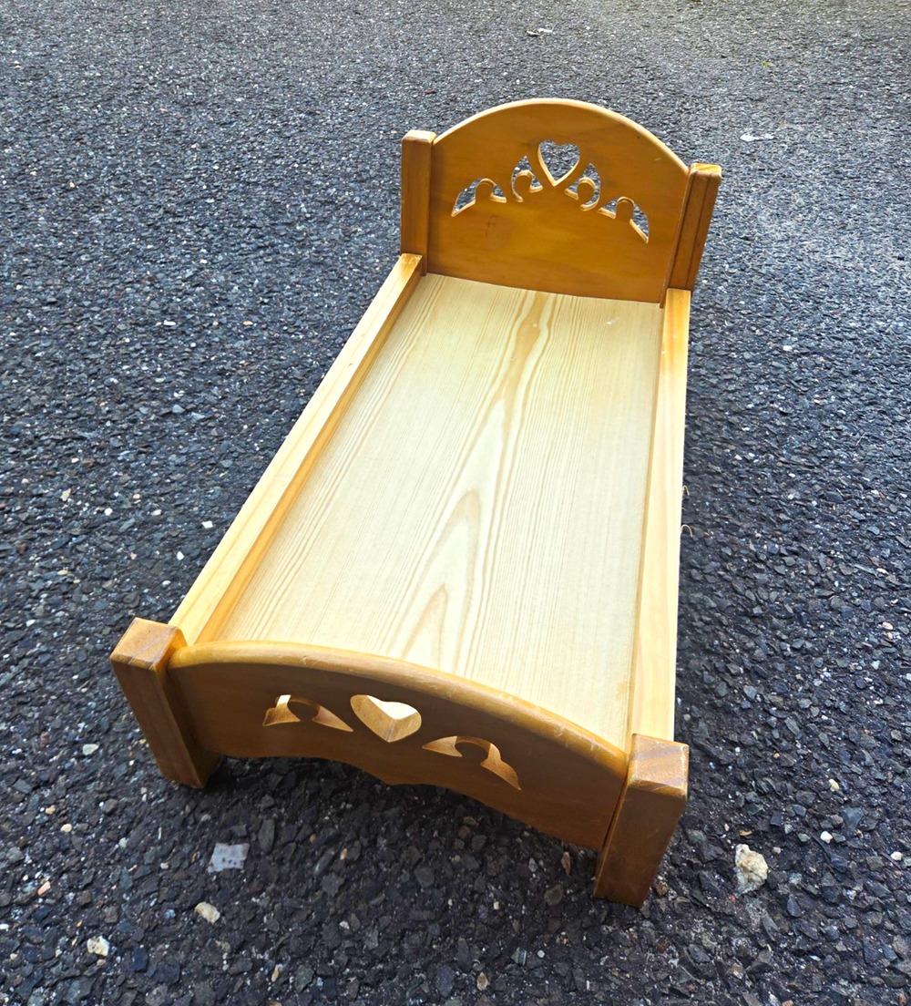 Wooden Doll Single Bed Heart Cutout Headboard/Footboard Brown 18.in long